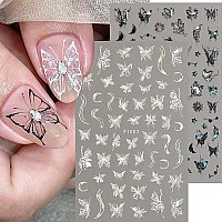 8 Sheet Black White Butterfly Nail Art Stickers 3D Butterflies Nail Decals For Women 3D Holographic Laser Butterfly Sparkly For