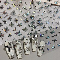 8 Sheet Black White Butterfly Nail Art Stickers 3D Butterflies Nail Decals For Women 3D Holographic Laser Butterfly Sparkly For