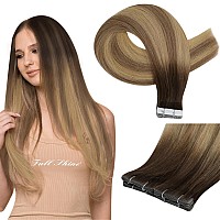 Full Shine Invisible Injected Tape In Hair Extensions Human Hair Color 3 Brown Fading To 8 And 22 Blonde Seamless Tape In Extens