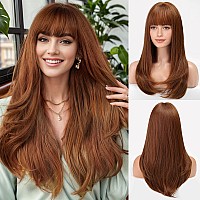 Emmor Strawberry Blonde Wig With Bangs For Women Long Straight Wigs Auburn Layered Synthetic Layered Hairstyle For Girls Party C