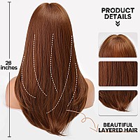 Emmor Strawberry Blonde Wig With Bangs For Women Long Straight Wigs Auburn Layered Synthetic Layered Hairstyle For Girls Party C