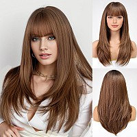 Emmor Brown Wig With Bangs For Women Long Straight Layered Wigs Synthetic Layered Hairstyle For Girls Party Cosplay And Daily Us