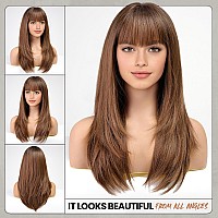 Emmor Brown Wig With Bangs For Women Long Straight Layered Wigs Synthetic Layered Hairstyle For Girls Party Cosplay And Daily Us