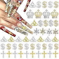 Rodaky 46Pcs Dollar Nail Charms Gold 3D Crown Nail Jewelry With Crystal Rhinestone Silver Maple Leaf Nail Gems Luxury Money Sign