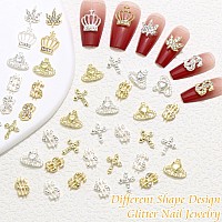 Rodaky 46Pcs Dollar Nail Charms Gold 3D Crown Nail Jewelry With Crystal Rhinestone Silver Maple Leaf Nail Gems Luxury Money Sign