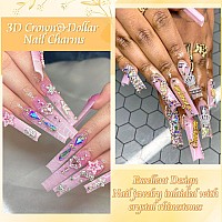 Rodaky 46Pcs Dollar Nail Charms Gold 3D Crown Nail Jewelry With Crystal Rhinestone Silver Maple Leaf Nail Gems Luxury Money Sign