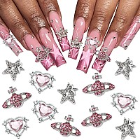 Rodaky Star Nail Charms Pink Heart Crystal Nail Art Charms Saturn Planet Nail Gems For Acrylic Nails Shiny Nail Decoration Acces