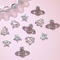 Rodaky Star Nail Charms Pink Heart Crystal Nail Art Charms Saturn Planet Nail Gems For Acrylic Nails Shiny Nail Decoration Acces