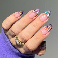 Almond Press On Nails French Tip Medium Length Fake Nails With Rhinestone Black Glitter Gel Acrylic Nails With Nail Glue Gloss