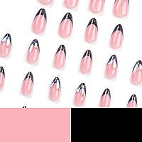 Almond Press On Nails French Tip Medium Length Fake Nails With Rhinestone Black Glitter Gel Acrylic Nails With Nail Glue Gloss