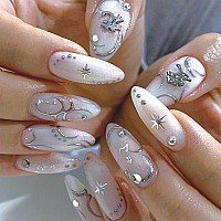 Sinhot Press On Nails Medium Almond Fake Nails Glossy Glue On Nails Chrome Swirl Acrylic Nails Stiletto Silver Aurora Artificial