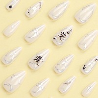 Sinhot Press On Nails Medium Almond Fake Nails Glossy Glue On Nails Chrome Swirl Acrylic Nails Stiletto Silver Aurora Artificial