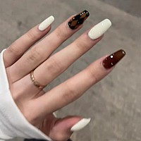 Babalal Brown Press On Nails Long Fake Nails Coffin Glue On Nails Fall White Design Acrylic Nails 24Pcs Ballerina Manicure False