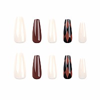 Babalal Brown Press On Nails Long Fake Nails Coffin Glue On Nails Fall White Design Acrylic Nails 24Pcs Ballerina Manicure False