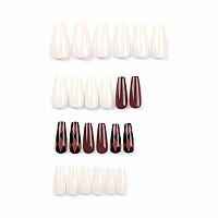 Babalal Brown Press On Nails Long Fake Nails Coffin Glue On Nails Fall White Design Acrylic Nails 24Pcs Ballerina Manicure False