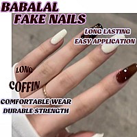 Babalal Brown Press On Nails Long Fake Nails Coffin Glue On Nails Fall White Design Acrylic Nails 24Pcs Ballerina Manicure False