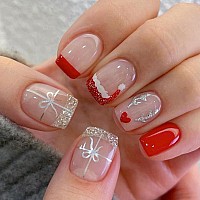 24 Pcs Christmas Press On Nails Short Square Shanrun Cute Fake Nails Press Ons Nude Pink Nail Tips Full Cover False Nails With