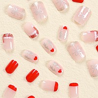 24 Pcs Christmas Press On Nails Short Square Shanrun Cute Fake Nails Press Ons Nude Pink Nail Tips Full Cover False Nails With