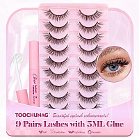 Natural Lashes Kit With Lash Glue 3D False Eyelashes Wispy 12Mm Short Cateye Lashes With 5Ml Clear Eyelash Glue 9 Pairs Fake Ey