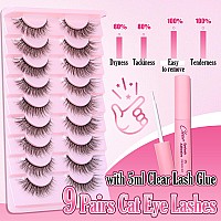 Natural Lashes Kit With Lash Glue 3D False Eyelashes Wispy 12Mm Short Cateye Lashes With 5Ml Clear Eyelash Glue 9 Pairs Fake Ey