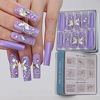 Mqpq Long Square Press On Nails Light Purple Butterfly Design Fake Nails Luxury Rhinestones Lavender Nails 24Pc Glossy Full Cove