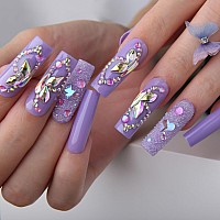 Mqpq Long Square Press On Nails Light Purple Butterfly Design Fake Nails Luxury Rhinestones Lavender Nails 24Pc Glossy Full Cove