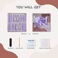 Mqpq Long Square Press On Nails Light Purple Butterfly Design Fake Nails Luxury Rhinestones Lavender Nails 24Pc Glossy Full Cove