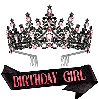 Velscrun Pinkblack Crystal Birthday Tiara Crowns For Women Girls Elegant Princess Crown With Combs Birthday Girl Headband Sash