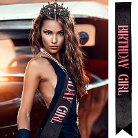 Velscrun Pinkblack Crystal Birthday Tiara Crowns For Women Girls Elegant Princess Crown With Combs Birthday Girl Headband Sash