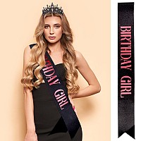 Velscrun Pinkblack Crystal Birthday Tiara Crowns For Women Girls Elegant Princess Crown With Combs Birthday Girl Headband Sash