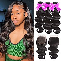 Aelinsi Body Wave Bundles With Closure 12A Brazilian Virgin Body Wave 3 Bundles With 4X4 Lace Closure Preplucked With Baby Hair