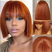 Sakalaka Ginger Orange Wear And Go Straight Bob Wig With Bangs Human Hair 180 Density 350 Short Bob Wig Human Hair Glueless Rea