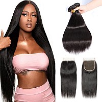 Selina Brazilian Virgin Hair Straight Free Part Closure Brazilian Hair 3 Bundles With Closure 100 Unprocessed Human Hair Bun