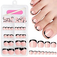 Addfavor 120Pcs Nude Press On Toenails French Black Press Ons Toe Nails Short Square Full Cover Glossy Acrylic False Toes Nail