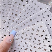 6Sheets Heart Star Nail Art Stickers 3D French Silver Glitter Nail Decals Designer Nail Supplies Metallic Silver Star Love Heart