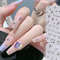 6Sheets Heart Star Nail Art Stickers 3D French Silver Glitter Nail Decals Designer Nail Supplies Metallic Silver Star Love Heart