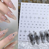 6Sheets Heart Star Nail Art Stickers 3D French Silver Glitter Nail Decals Designer Nail Supplies Metallic Silver Star Love Heart