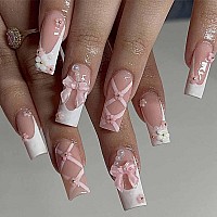 Foccna Press On Nails Medium Long Rhinestone Pink Fake Nails Square Bling Glossy 3D Flower False Nail Tips Artificial Nails Fing