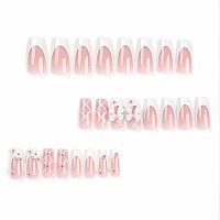 Foccna Press On Nails Medium Long Rhinestone Pink Fake Nails Square Bling Glossy 3D Flower False Nail Tips Artificial Nails Fing