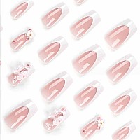 Foccna Press On Nails Medium Long Rhinestone Pink Fake Nails Square Bling Glossy 3D Flower False Nail Tips Artificial Nails Fing