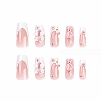 Foccna Press On Nails Medium Long Rhinestone Pink Fake Nails Square Bling Glossy 3D Flower False Nail Tips Artificial Nails Fing