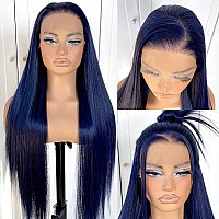 Mitimes 13X6 Dark Blue Straight Hd Lace Front Wig Preplucked Glueless Long Straight Blue Lace Front Wigs Synthetic Wear And Go