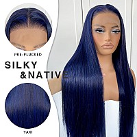 Mitimes 13X6 Dark Blue Straight Hd Lace Front Wig Preplucked Glueless Long Straight Blue Lace Front Wigs Synthetic Wear And Go