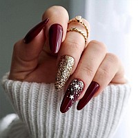 Imsohot Christmas Press On Nails Medium Almond Shape Fake Nails Dark Red Acrylic False Nails Glitter Gel Reusable Glossy Glue On