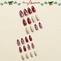 Imsohot Christmas Press On Nails Medium Almond Shape Fake Nails Dark Red Acrylic False Nails Glitter Gel Reusable Glossy Glue On