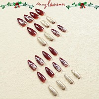 Imsohot Christmas Press On Nails Medium Almond Shape Fake Nails Dark Red Acrylic False Nails Glitter Gel Reusable Glossy Glue On