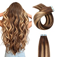 Yilite Tape In Hair Extensions Human Hair 12Inch 20Pcs 40G Balayage Dark Brown To Caramel Blonde P427T4 Balayage Chocolate B