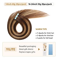 Yilite Tape In Hair Extensions Human Hair 12Inch 20Pcs 40G Balayage Dark Brown To Caramel Blonde P427T4 Balayage Chocolate B