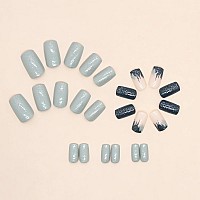 Sinsen Medium Press On Nails Square Shape Fake Nails Glossy Blue Glue On Nails Winter Nail Art Decorations Cute Medium Square Ac