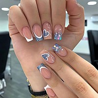 Sinsen French Tip Press On Nails Medium Square Fake Nails Glossy Blue Glitter Heart Glue On Nails White French False Nail Tips C